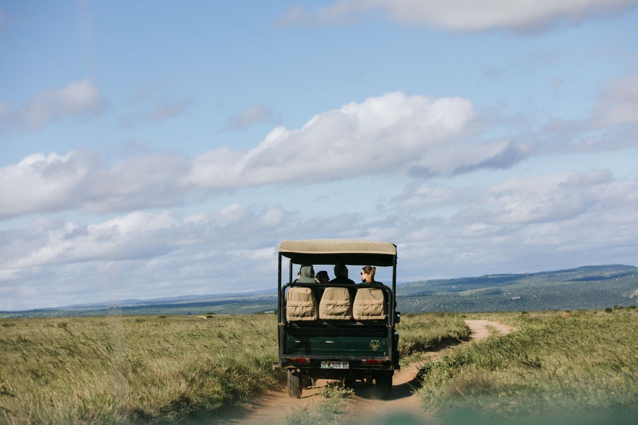 Back view of group of travelers riding on long narrow sandy road on automobile under light blue cloudy sky