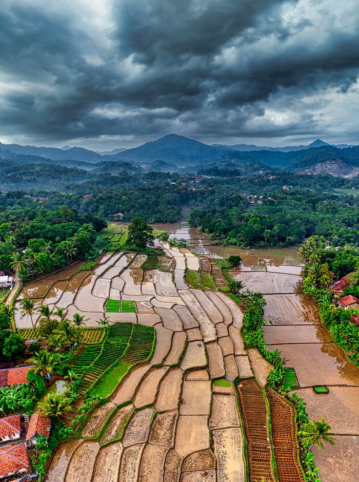 Majestic aerial scene of rice terraces in West Java, Indonesia, under dramatic skies.